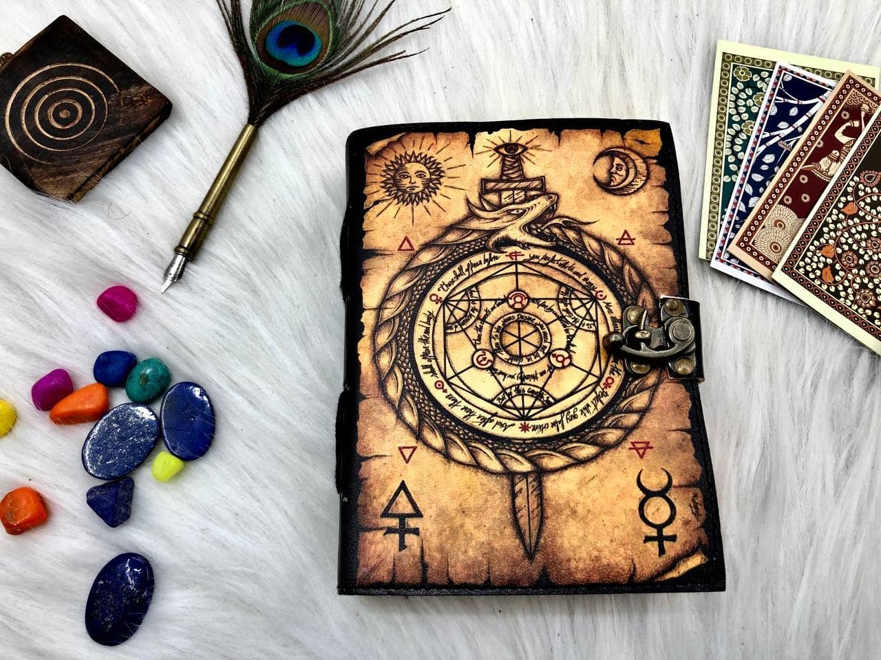 Blank Spell Book of Shadows Dragon Compass Print Grimoire Junk Journal Leather Notebook Vintage Journal with Handmade 200 Deckle Edge Paper great gifts for him her image 2