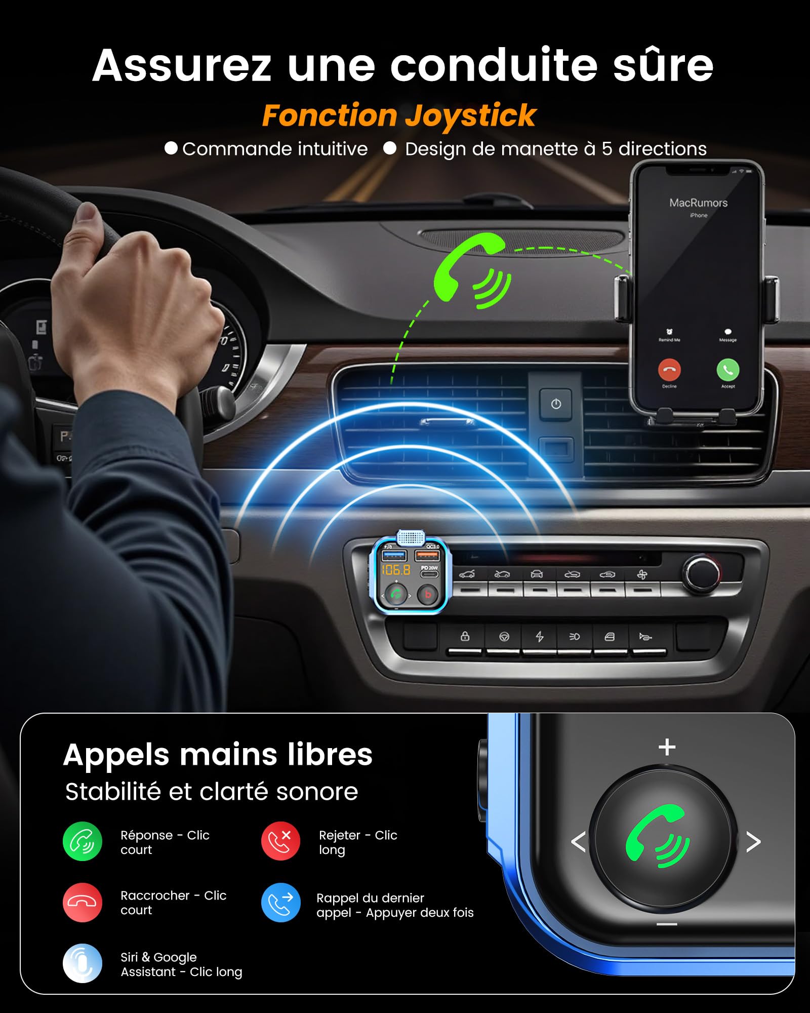 LENCENT Transmetteur FM Voiture, Allume Cigare Bluetooth 5.3 Émetteur Radio, Chargeur Rapide PD 20W Type C+ QC3.0, Appels Mains Libres, Lecteur de Musique MP3 Basse Support U Disk