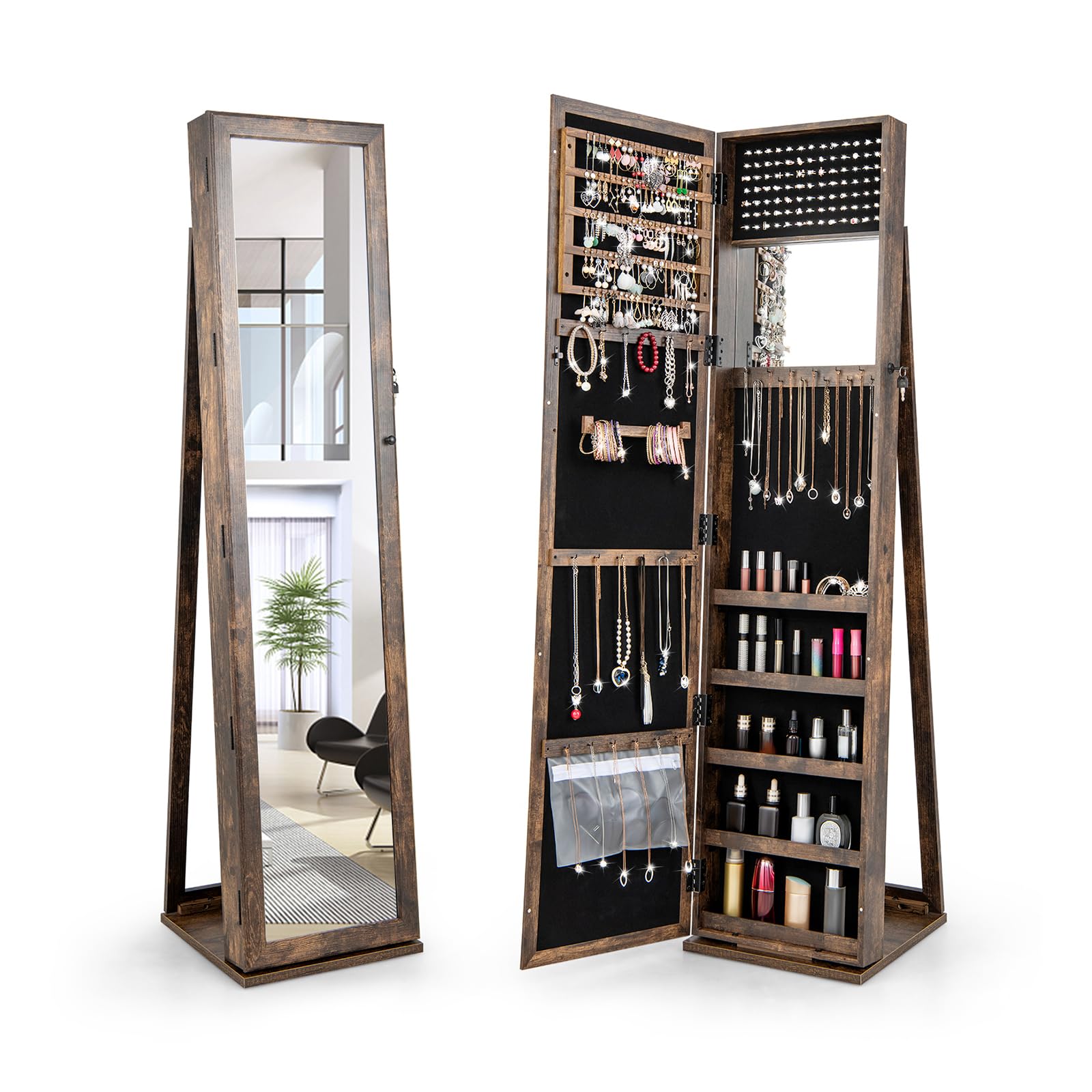 COSTWAY Specchio Portagioie da Terra, Armadietto Portagioie con Specchio a Figura Intera e Specchio Interno, con Serratura, per Collane Orecchini Anelli Cosmetici, 38 x 38 x 157,5 cm (Marrone)