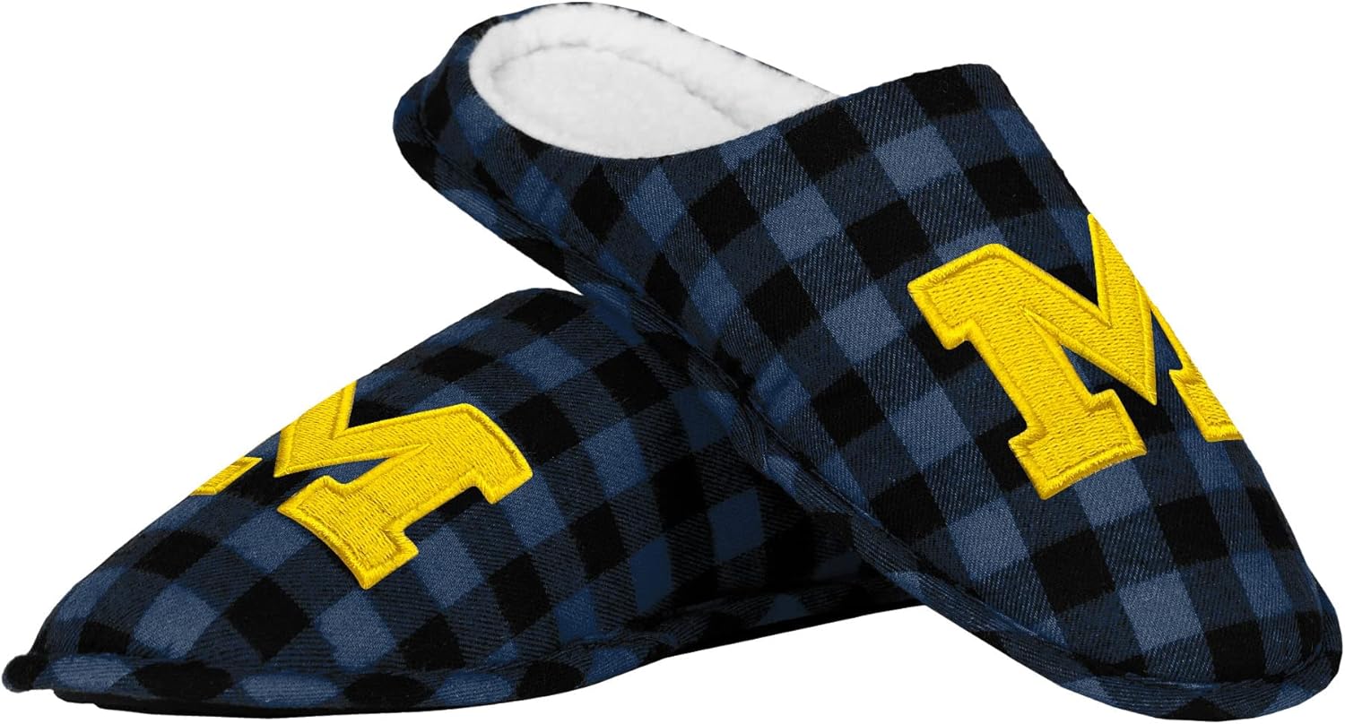 FOCO Men's NCAA Sherpa Lined Buffalo Check Memory Foam Slippers