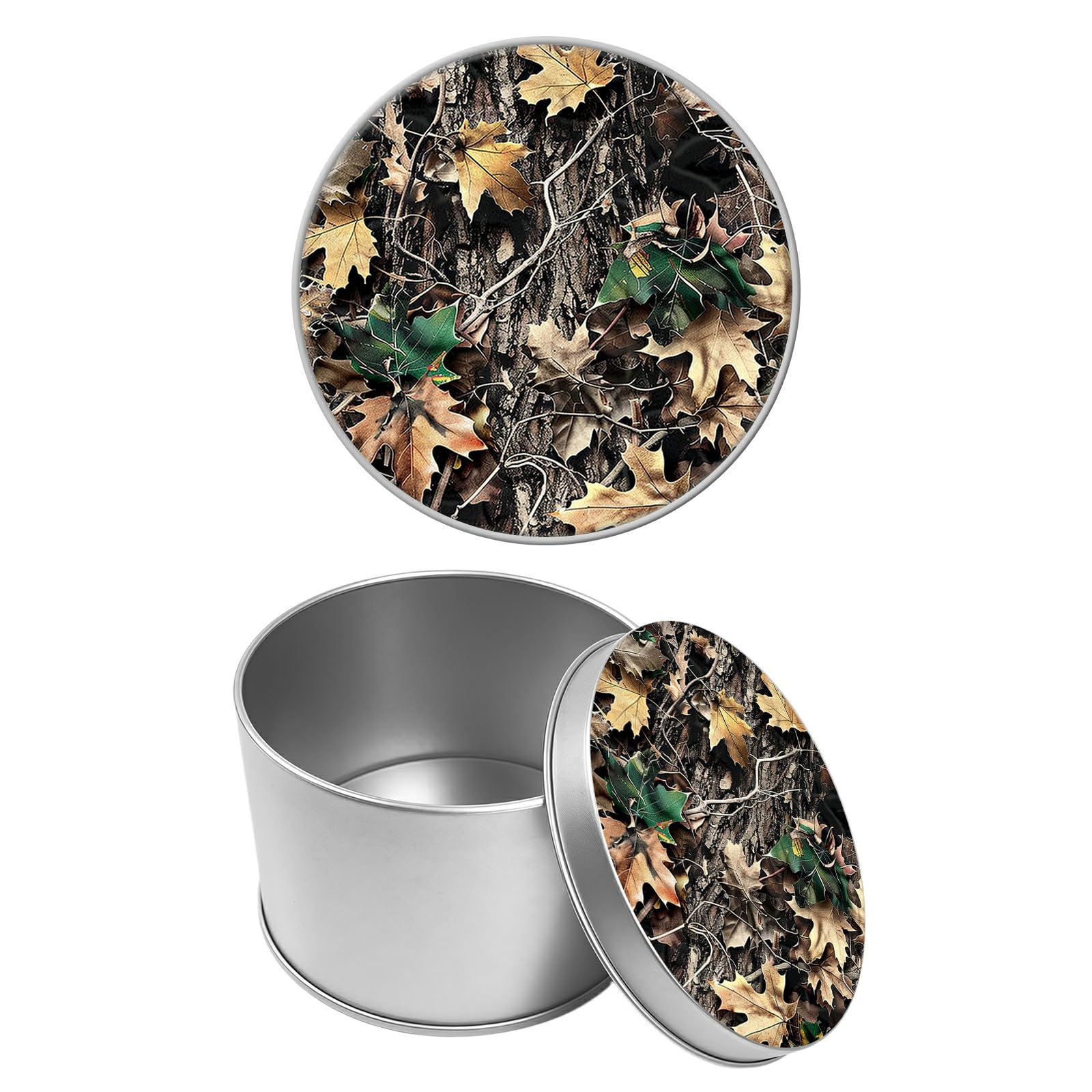 Round Metal Tin Container with Removable Lid, Camo Tree Durable Metal Storage Box for Cookies Spices Tea Candies Cakes Jewelry Cosmetics 3.54 x 2.36 inch– Single Pack