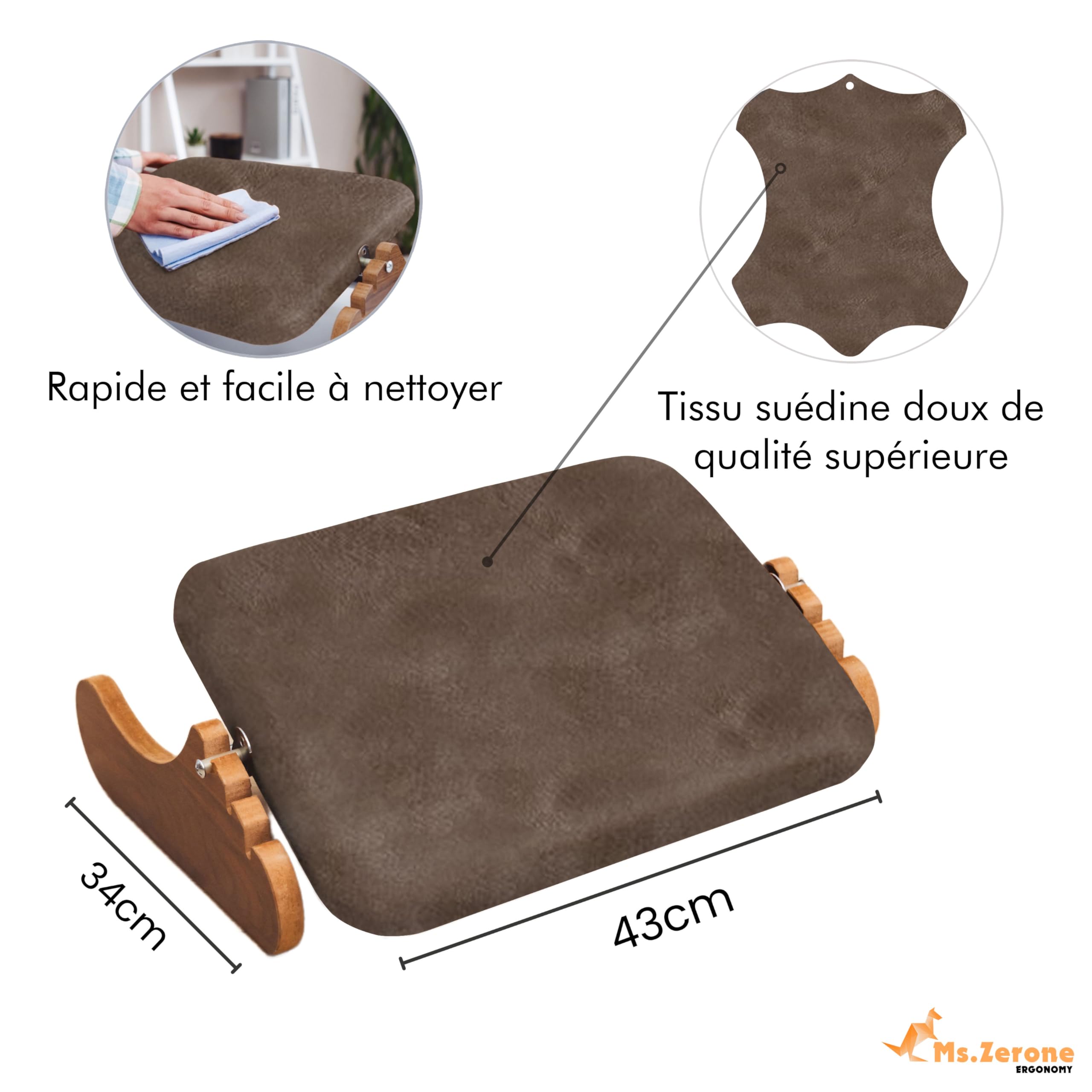 Reposapiés ergonómico de madera, soporte para tobillo acolchado, tejido de ante suave 3 alturas (6/8/10 cm) antideslizante postura y circulación, oficina y teletrabajo