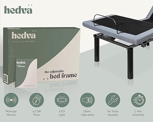 Miniatura 6 de Hedva Base de cama ajustable con motores de masaje, 4 puertos USB, luz LED, montaje en 5 minutos, múltiples posiciones preestablecidas para máxima