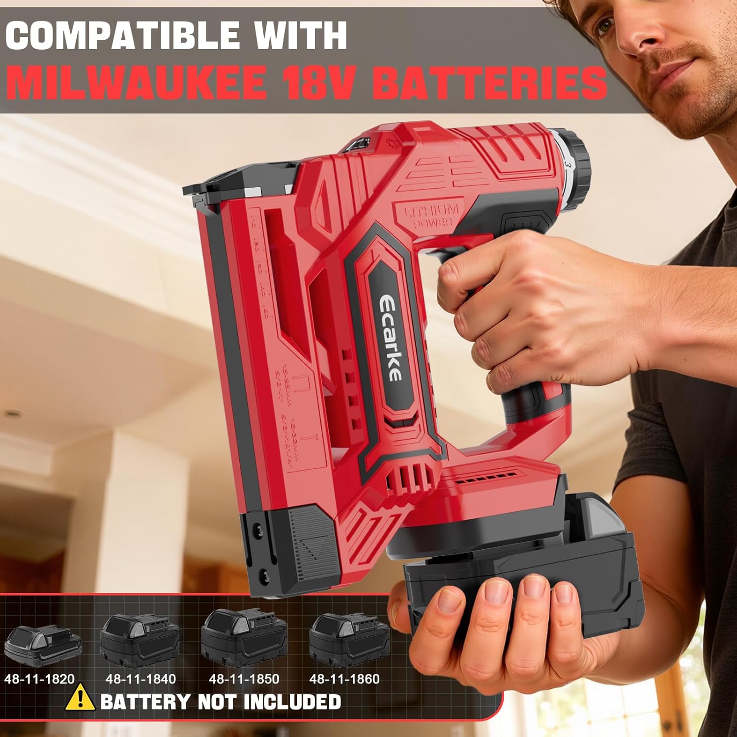 Ecarke Cordless Brad Nailer 2-in-1 Compatible with Milwaukee 18V Battery, 18 Gauge Nail Gun 5/8 to 1-1/4 Inch with 2000 Nials for Wood Carpentry, Powered Electric, 2 Mode, Tool Only