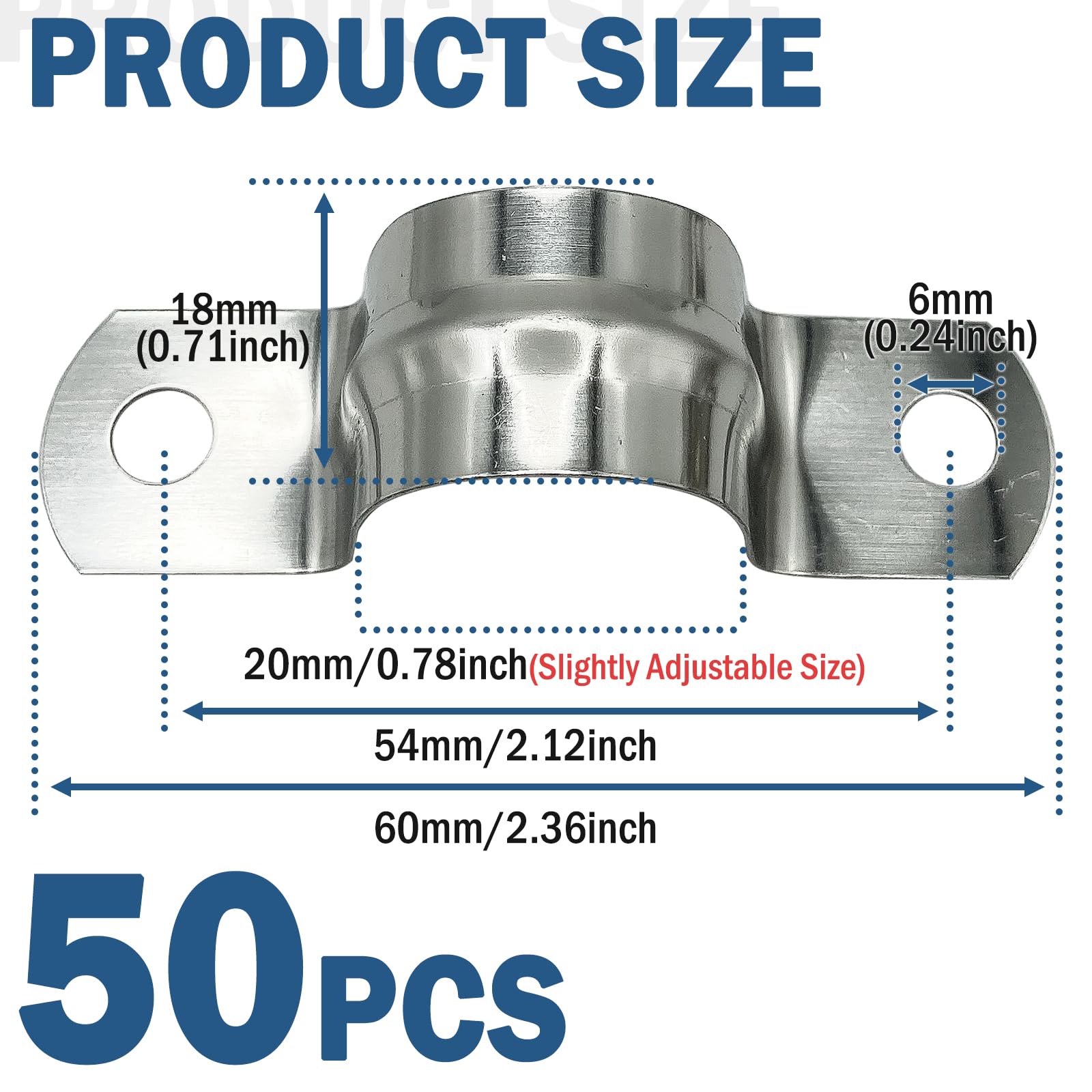 1/2 inches 50Pcs Rigid Pipe Two Hole stainless steel U-shaped pipe card Tension Clips 304 Stainless Steel Heavy Duty Pipe Fasten Holder-Secures Conduit Silver(20MM)