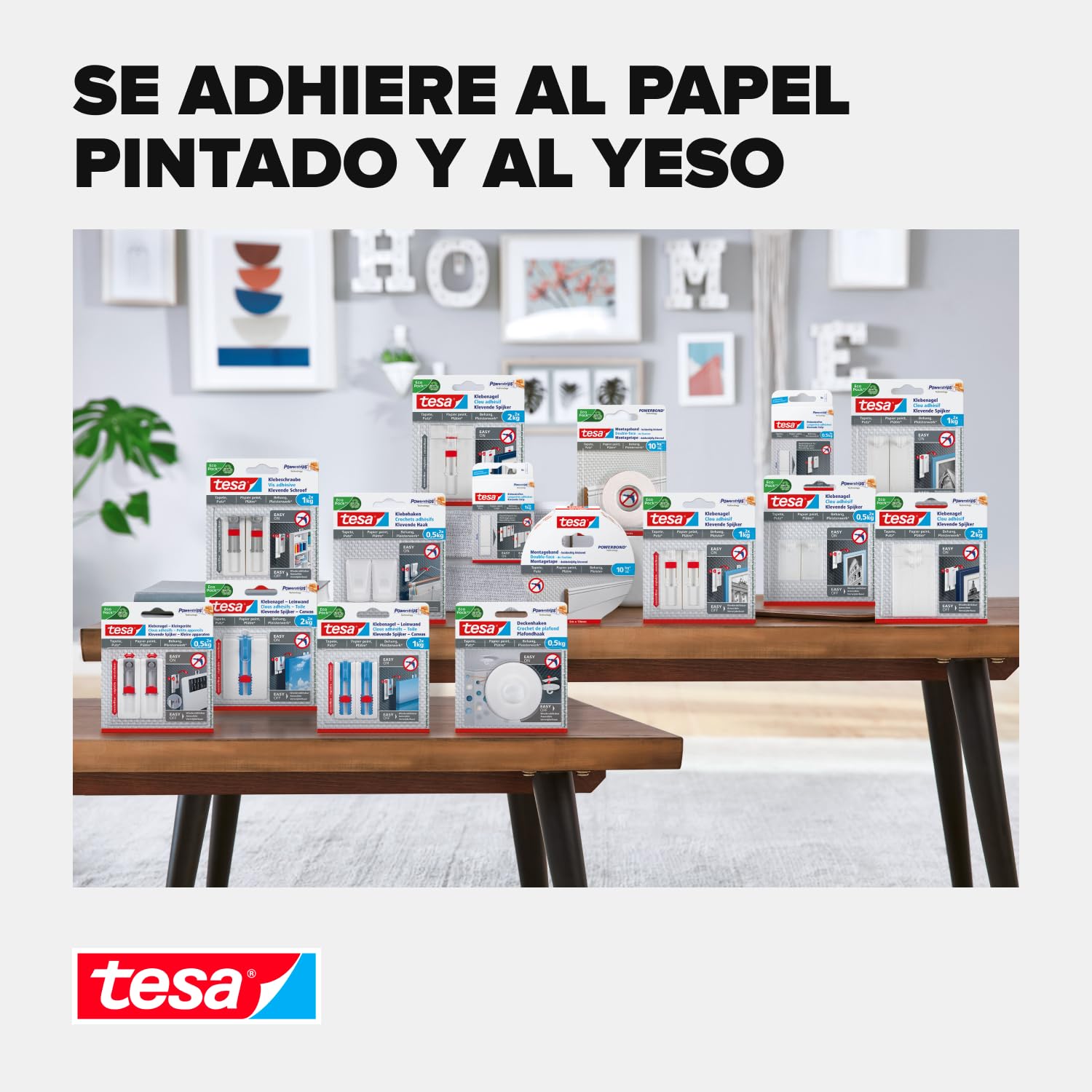 tesa Clavo Adhesivo Ajustable para Paredes Pintadas y Yeso 2 kg, Colgador con Altura Ajustable Sin Perforaciones, Paquete con 2 Clavos Adhesivos y 6 Tiras