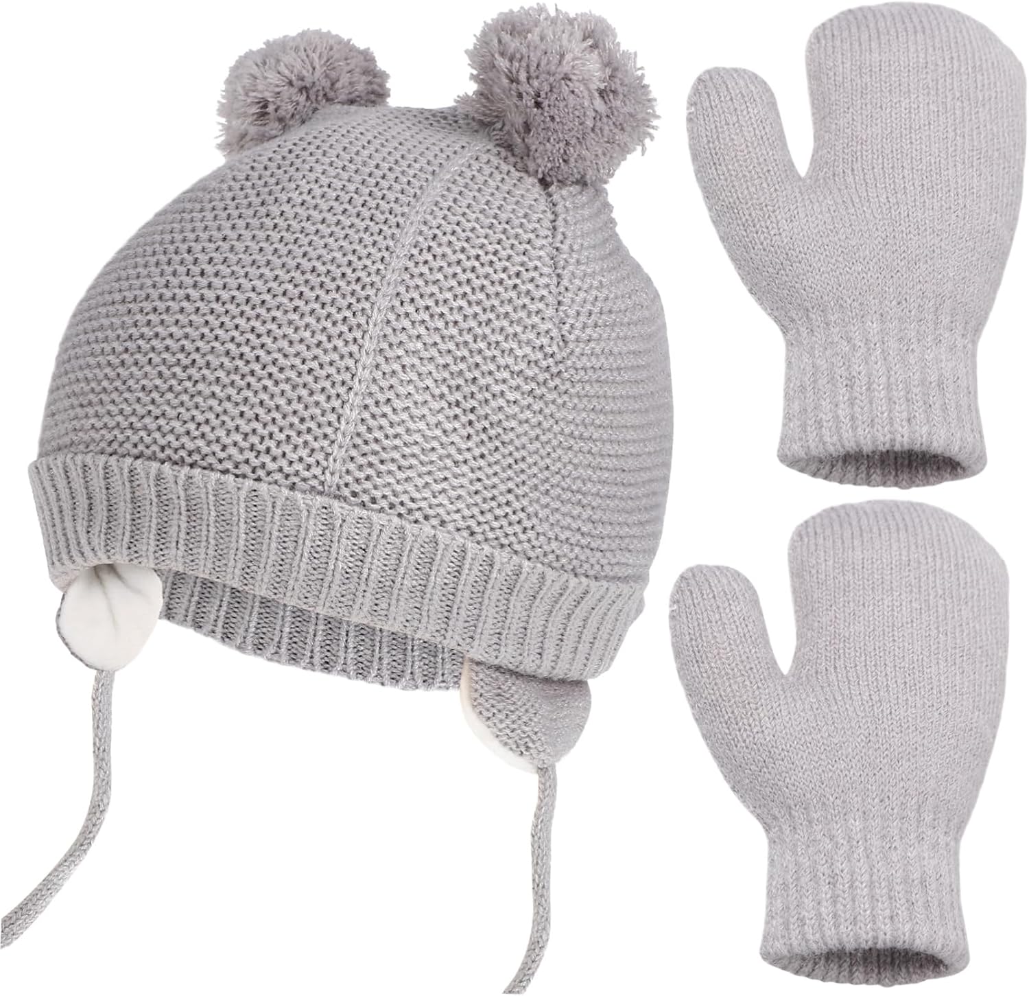 Winter Hat and Gloves Set Xmas Halloween Toddler with Pompom Ball Grey