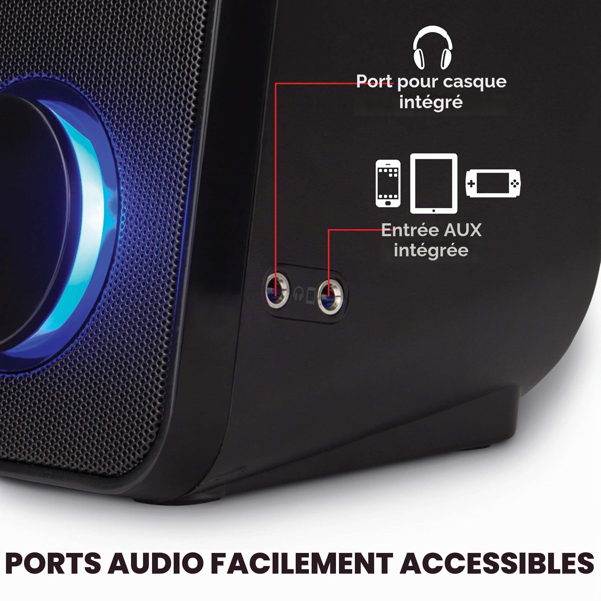 GOgroove Haut-Parleurs Enceintes Port USB Multimédias UB2 - Pilotes à 2 Voies, Prises d'Entrée Casque et AUX Intégrées, Bouton de Volume à Del - Convient pour Ordinateurs de Bureau & Portables