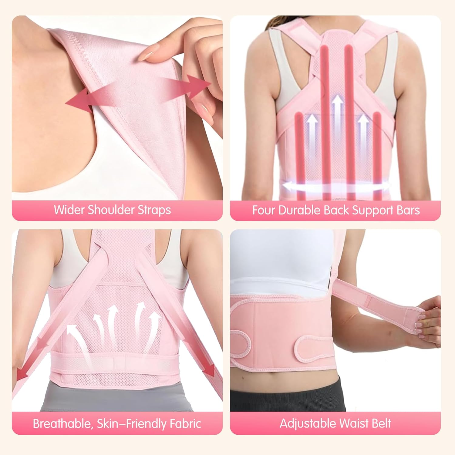 Posture Corrector for Women & Men, Adjustable Back Brace with Shoulder Straightener & Lumbar Support for Upper & Lower Back Pain Relief, Spine Support, Hunchback & Scoliosis, Pink, Large
