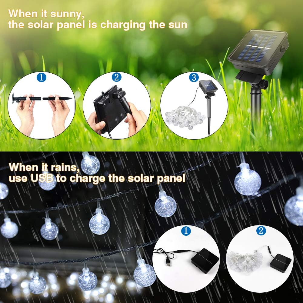 Globe Solar String Lights, Upgraded 23ft 50LED Fairy Crystal Ball Light with Solar & USB Powered, 8 Modes Waterproof String Lights for Garden Wedding Party Outdoor/Indoor Decoration (Cool White)
