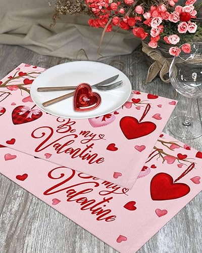Vista 367 de Juego de 6 manteles individuales rojos para el día de San Valentín, diseño de corazón de San Valentín, resistentes al calor, lavables, manteles