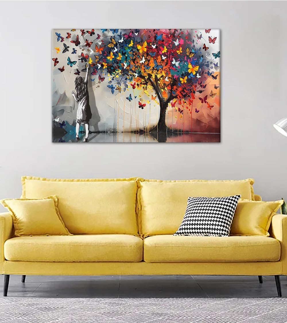 Canvas Trend Street Graffiti Canvas Wall Art Colorful Butterflies Little Girl Poster Banksy Positive Print Artwork Wall Decor for Living Room Bedroom Office Nursery Ready to Hand 24x36inch
