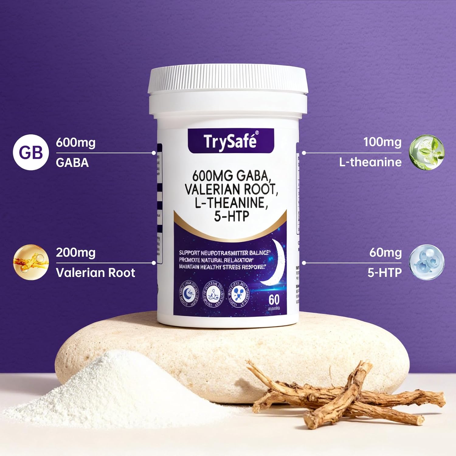 600mg GABA Sleep Aid* for Adults with 200mg Valerian Root, 100mg L-theanine, 60mg 5-HTP | Helps The Body Ease Into Sleep* & Maintain Deep Restful Sleep*, 60 Capsules, 30 Day Supply