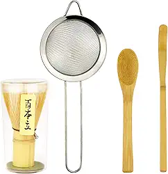Conjunto de 4 peças japonês Matcha Tea Whisk - batedor Matcha, colher de chá, colher tradicional, coador de chá de conjunto perfeito para iniciantes