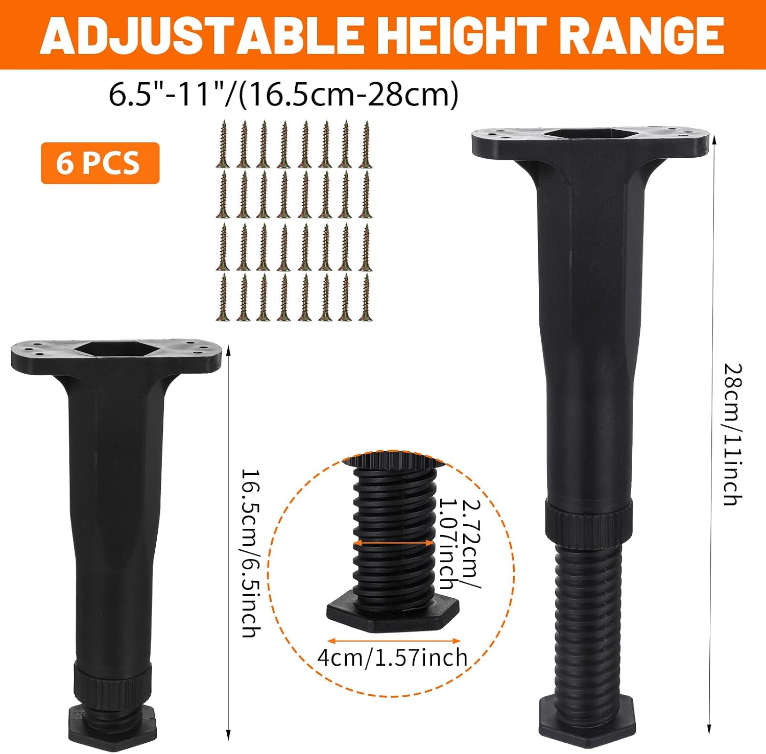 6 Pcs Adjustable Height Bed Support Legs, 6.5"-11" Bed Frame Legs for King Queen Bed Slats Bed Slat Support Bed Frame Center Support Furniture Leg Replacement Kit