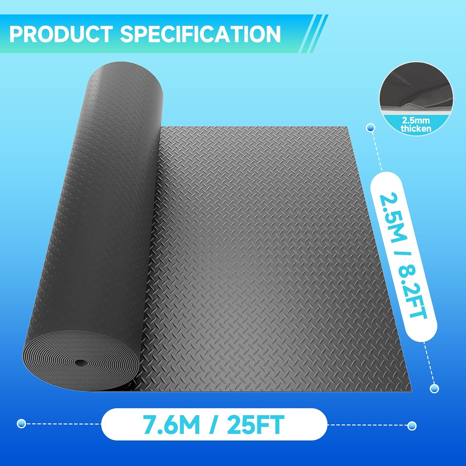 8.2 x 25 FT Garage Floor Mat, Thickened Diamond Plate PVC Garage Mats Flooring Roll for Under Car, Garage Car Parking Mats for Compact SUVS, Sports Car, Silver