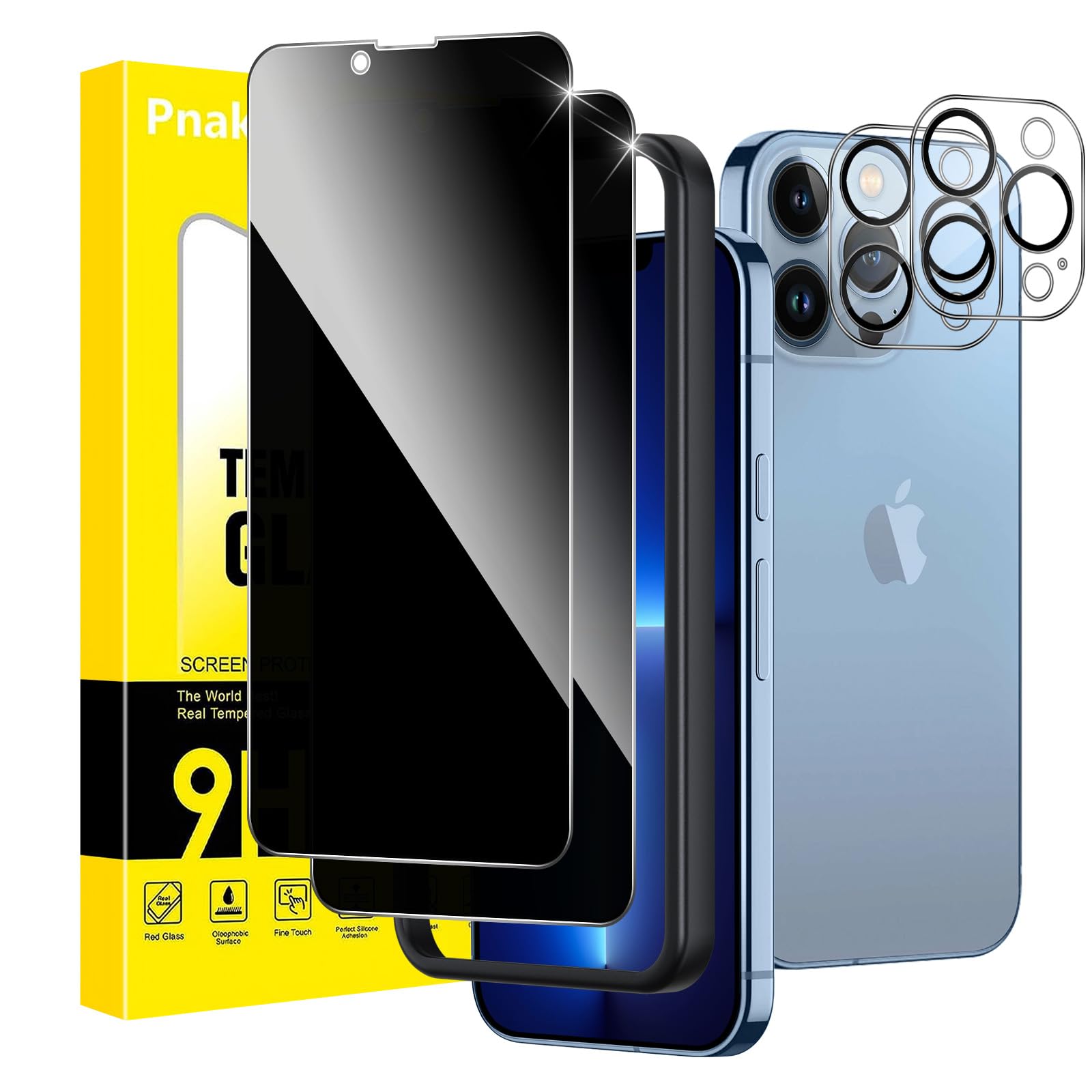 Pnakqil Protector Pantalla Privacidad para iPhone 13 Pro Max con Protectora Camara,Antiespia Cristal Templado para iPhone 13 Pro Max con Marco de Instalación Fácil,Privacy Vidrio Pelicula,2+2 Piezas