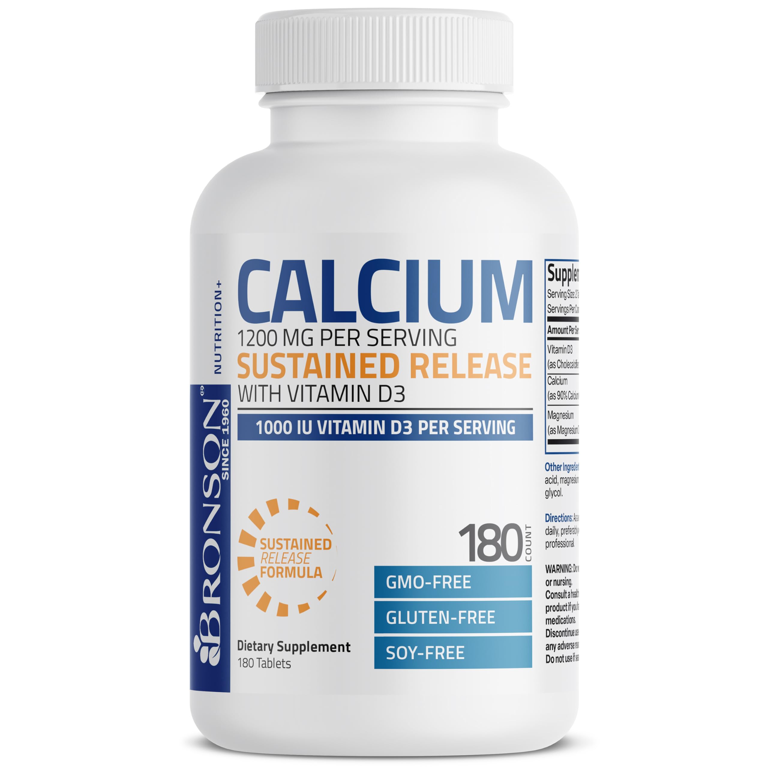 Amazon.com: Bronson Calcium 1200 MG Per Serving Sustained Release with Vitamin  D3 1000 IU Vitamin D3 Per Serving Non-GMO, 180 Tablets : Health & Household