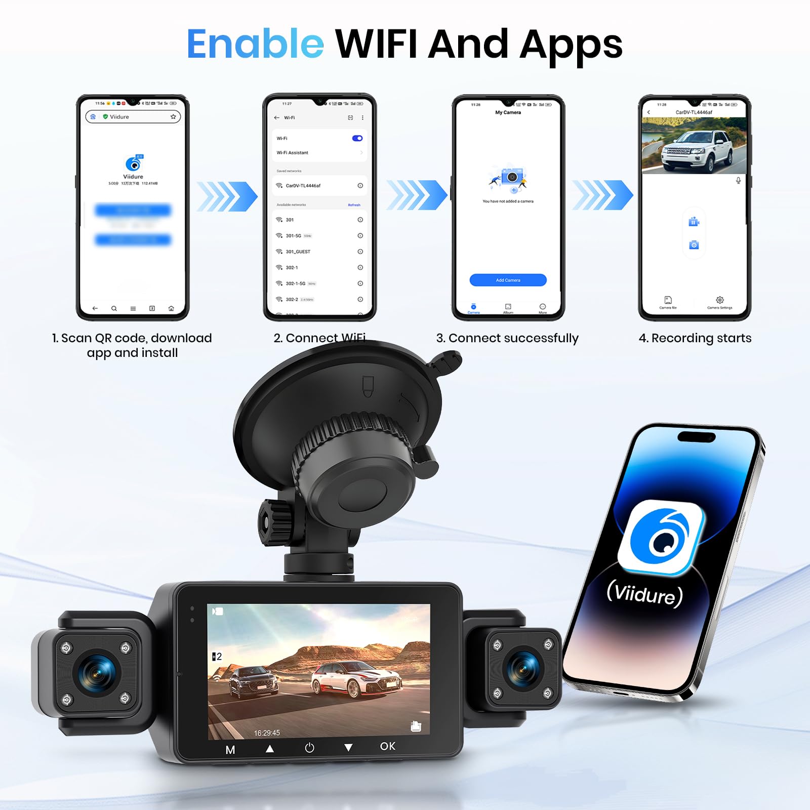 Hodozzy 1080P Dashcam Auto 360°, 4 Telecamere Anteriori e Posteriori, Visione Notturna IR, Schermo Tattile IPS 3", Registrazione in Ciclo, Sensore G, Visione Notturna, Assistenza alla Retromarcia