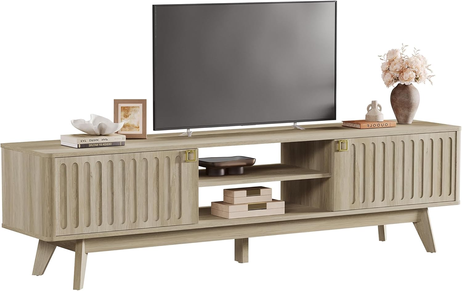 SICOTAS Modern TV Stand for 65/75/80 Inch TV, Long 70" TV Stand Entertainment Center with 2 Storage Cabinets, Fluted-Door Media TV Console Credenza Table for Living Room, Hallway, Light Oak - Image 9