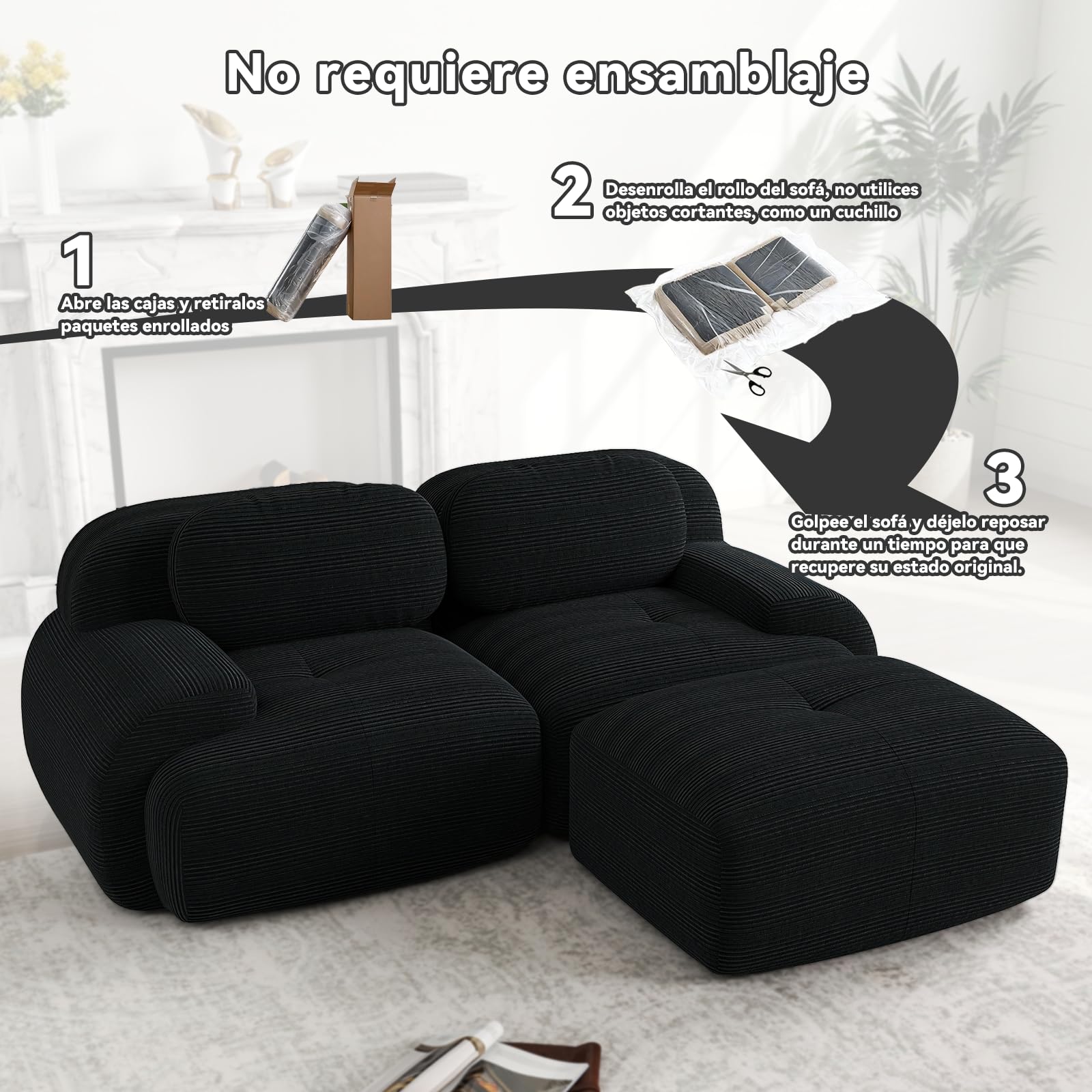 SoarFlash Sofá Moderno Modular, Tela côtelé, Asiento Profundo + reposabrazos Anchos, sin Necesidad de ensamblaje, sofá 2 plazas Tipo L, Negro