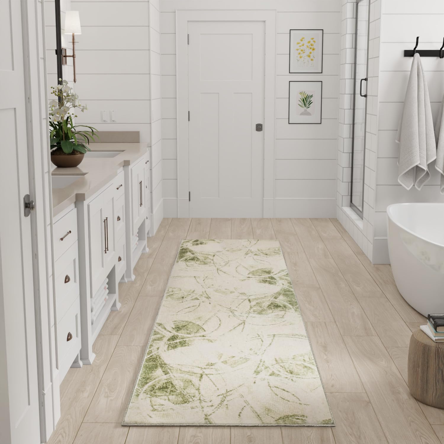 nourison home astra machine washable beige green 2'2" x 8' area rug - easy clean, non shedding, bed room, living room, dining room, kitchen (8' runner)