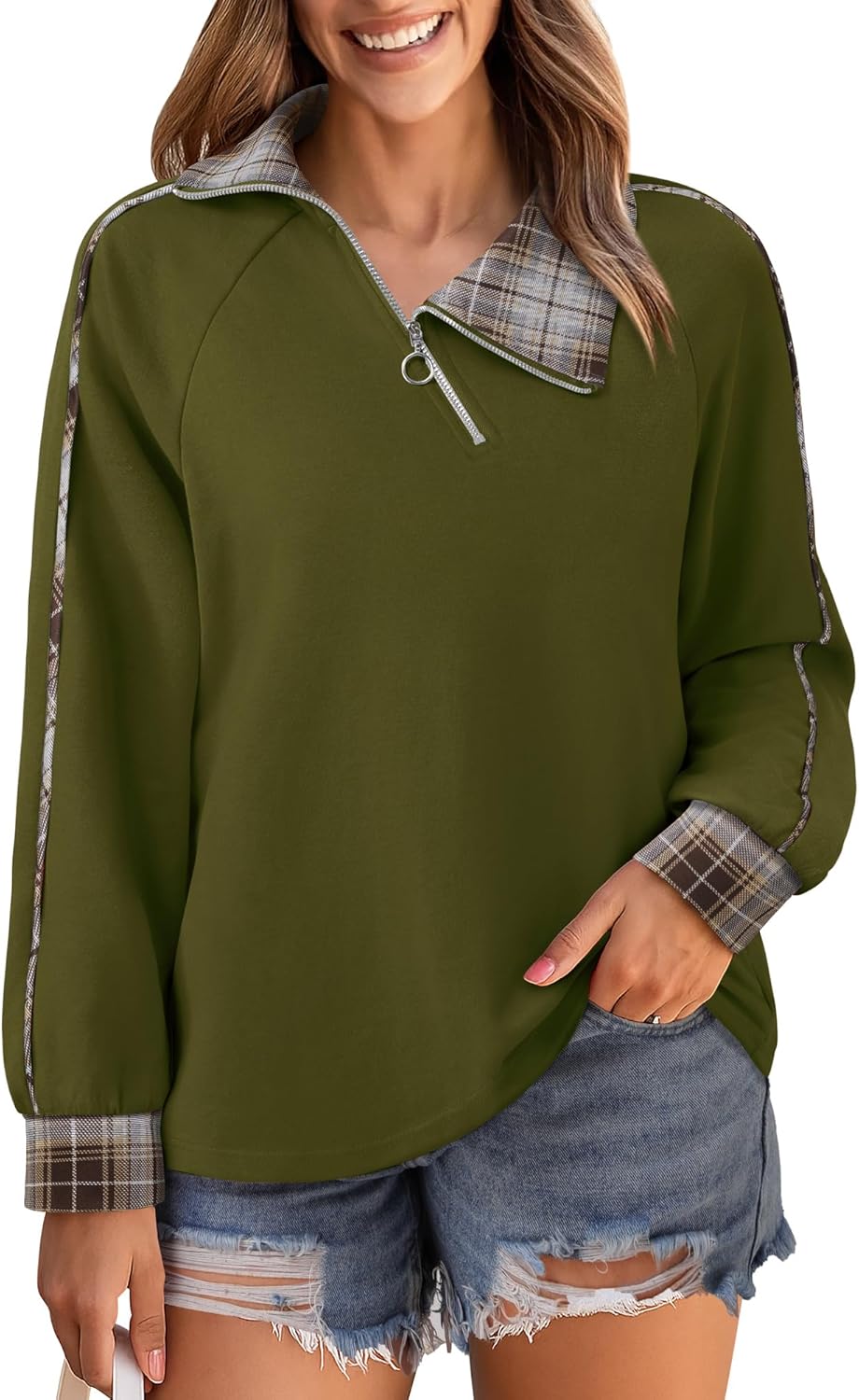 Vivilli Womens Sweatshirts Plaid V Neck Zip Pullover Casual Long sleeve Tunic Sweaters for Women Trendy Fall Clothes 2025 - Image 6