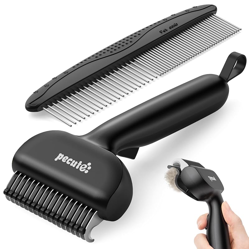 Escova Autolimpante para Remoção de Subpelo de Cães e Gatos Pecute com 18 Dentes Arredondados, Preta, Kit com 2 Peças