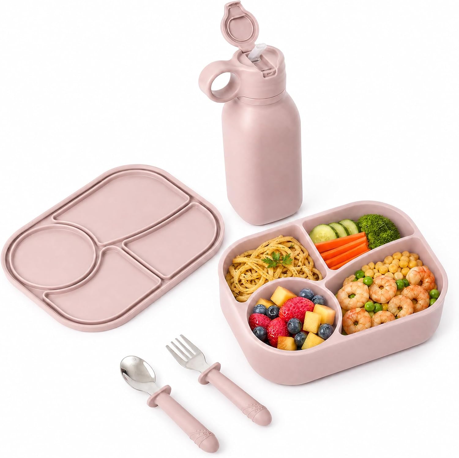 Silicone Bento Box Set for Kids with 15.2oz Straw Water Bottle, 4-Compartment Lunch Box, Kids Spoon & Fork | BPA-Free, Food-Grade, Microwave & Dishwasher Safe for Travel, School.