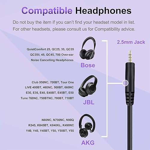 Miniatura 2 de Cable de audio de repuesto para auriculares Bose de 0.138 in a 0.098 in compatible con Bose 700 Quietcomfort QC25 QC35 QC35II QC45 OE2 OE2i
