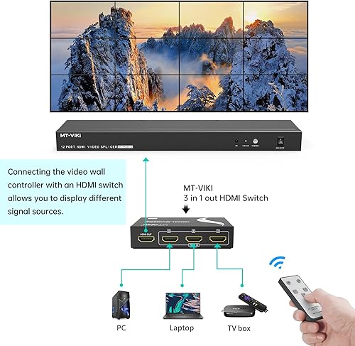 Miniatura 6 de MT-VIKI Controlador de pared de video 4x3 3x3, compatible con salida HDMI de 1080p 60Hz y 1 entrada para 12 pantallas de empalme de TV, procesador