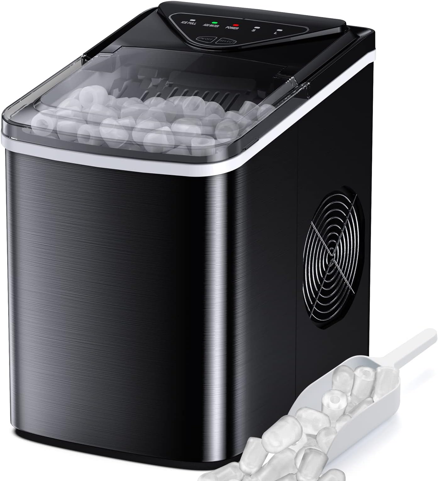 FZF Ice Makers Countertop, Self-Cleaning Function, Portable Electric Ice Cube Maker Machine, 9 Ice Ready in 6 Mins, 26lbs 24Hrs with Ice Bags and Scoop Basket for Home Bar Camping, Stainless Steel