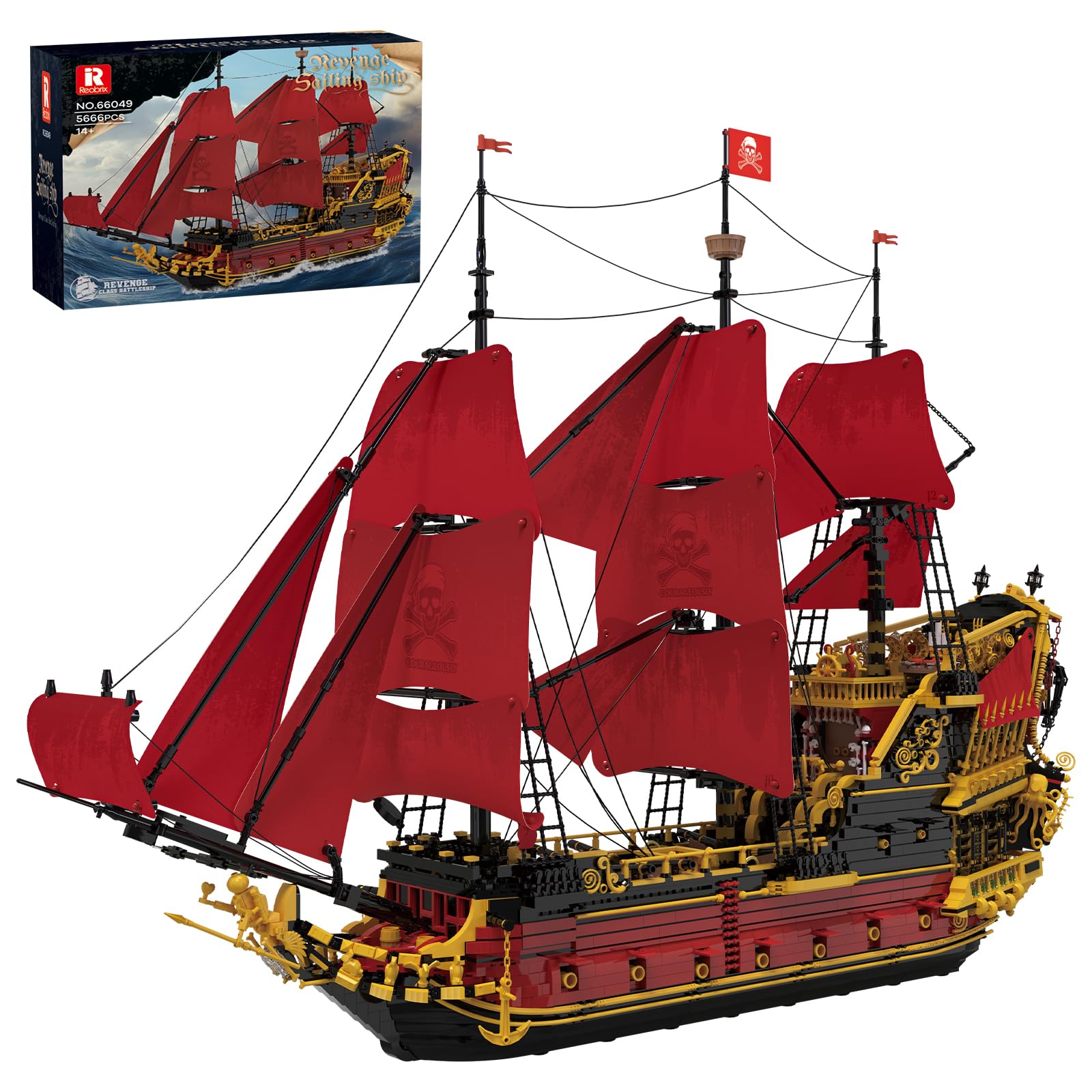 Reobrix Set di mattoncini da costruzione Nave Pirata Revenge, 5666+ pezzi Kit modello storico 66049, Veliero giocattolo da collezione, regali di Natale e compleanno