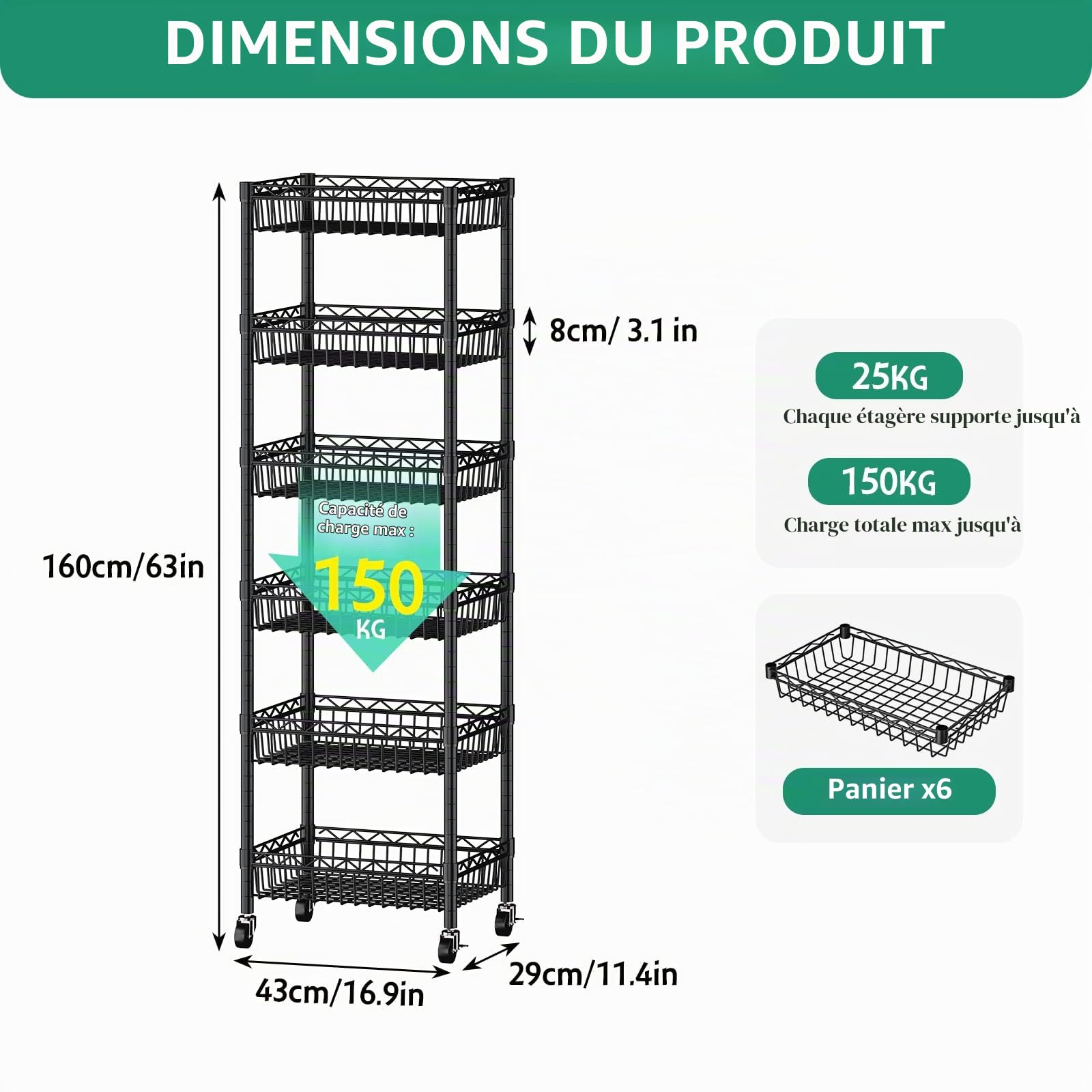 Étagère Métallique à 6 Niveaux sur roulettes, avec Paniers
