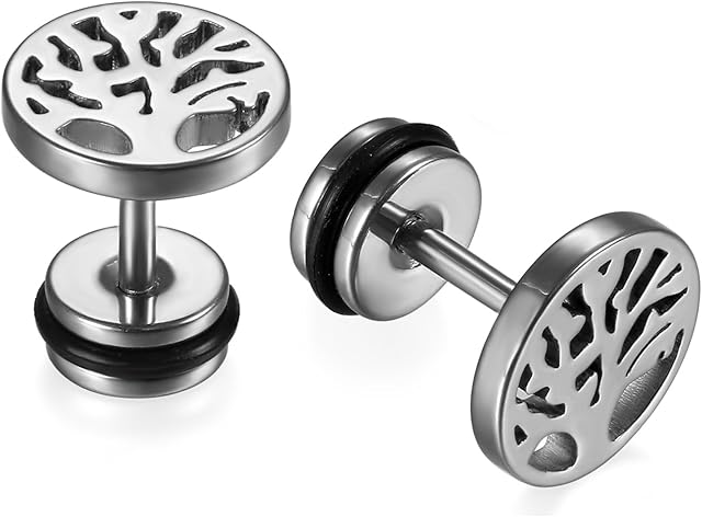 JewelryWe Men's Womens Stud Earrings 9MM Stainless Steel Tree of Life Ear Studs