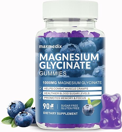 Gomitas de magnesio de 1000 mg - Suplemento de glicinato de magnesio y goma de L-treonato de magnesio, suplemento de magnesio y potasio sin azúcar