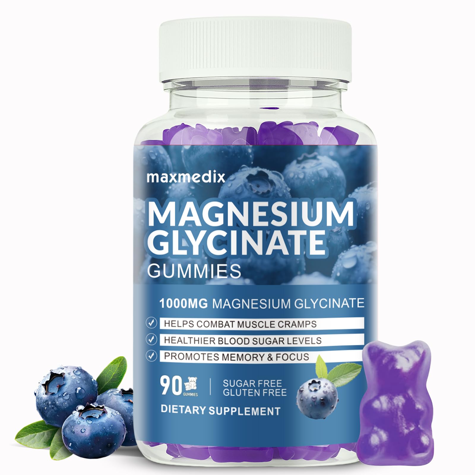Magnesium Glycinate Gummies 1000mg, Sugar Free Magnesium Potassium Supplements Chewable for Adults with L-Threonate for Sleep, Body Support and Relaxation,90 Blueberry Gummies