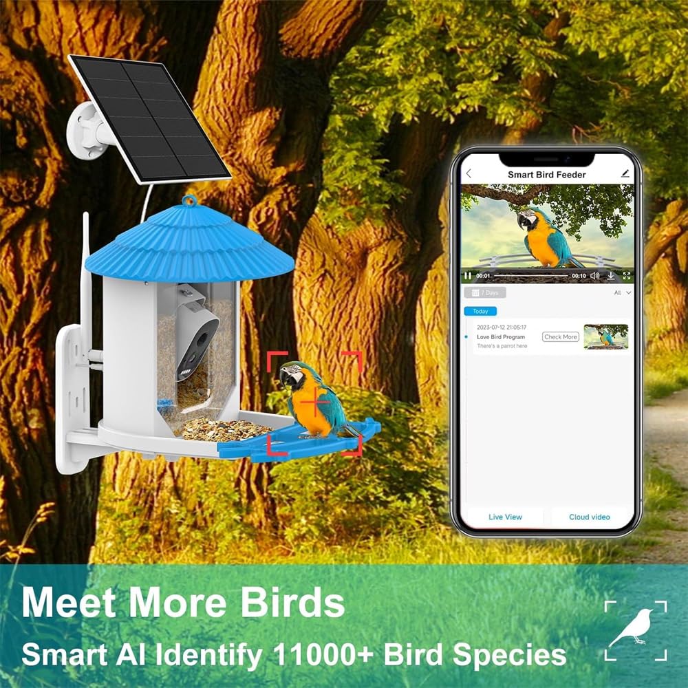 POFET Comedero para pájaros con energía Solar, graba Videos automáticamente Notifica Cuando los pájaros visitan, Cámara para pájaros con alimentador Inteligente, Regalos para Amantes de Las Aves