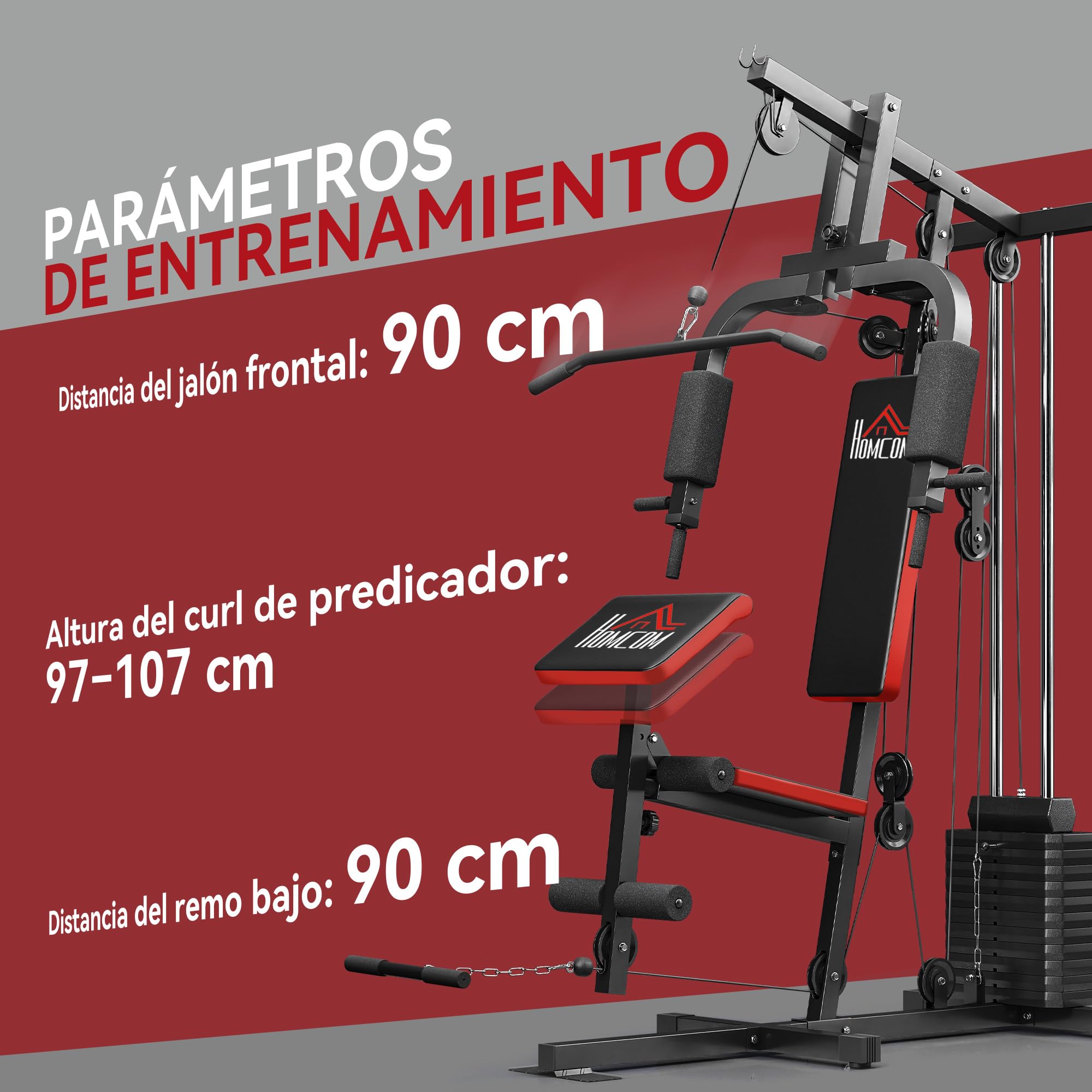 HOMCOM Multiestación de Musculación con Barra Pulldown, Press de Pecho, Prensa de Piernas, Banco Predicador, Placas de Peso 65 kg Máquina de Musculación para Entrenamiento Fitness en Hogar Gimnasio