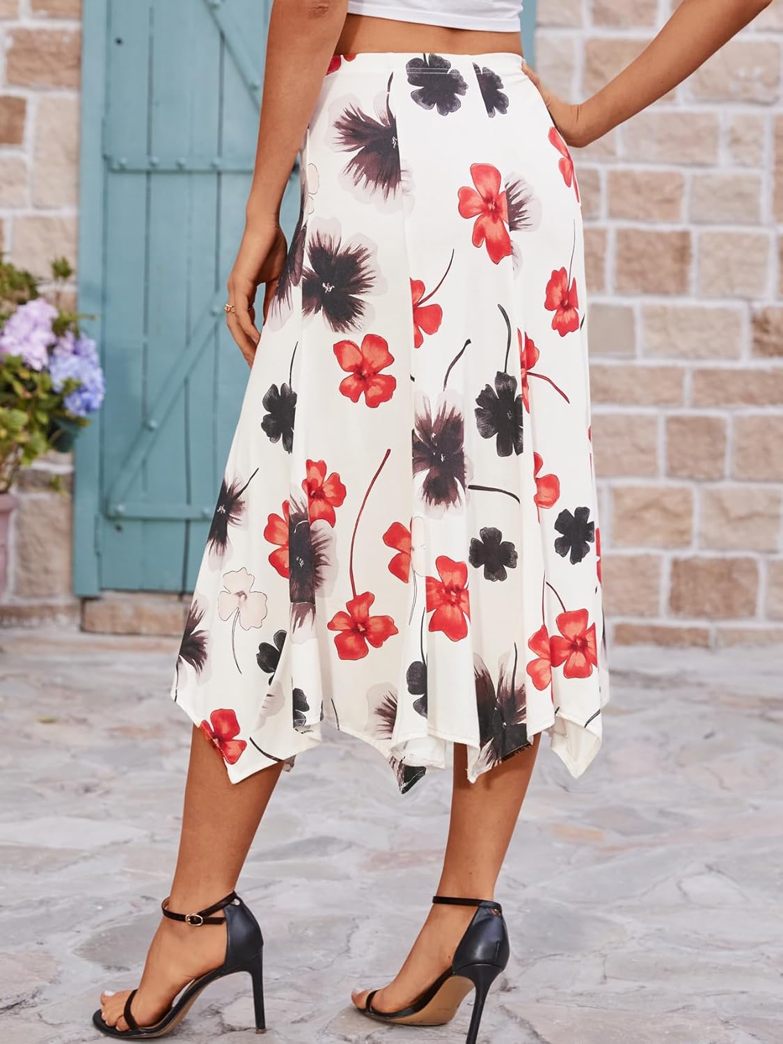 BAISHENGGT Womens Summer Casual Floral Flowy Skirts Elastic High Waisted Asymmetrical A-Line Draped Flared Midi Skirt