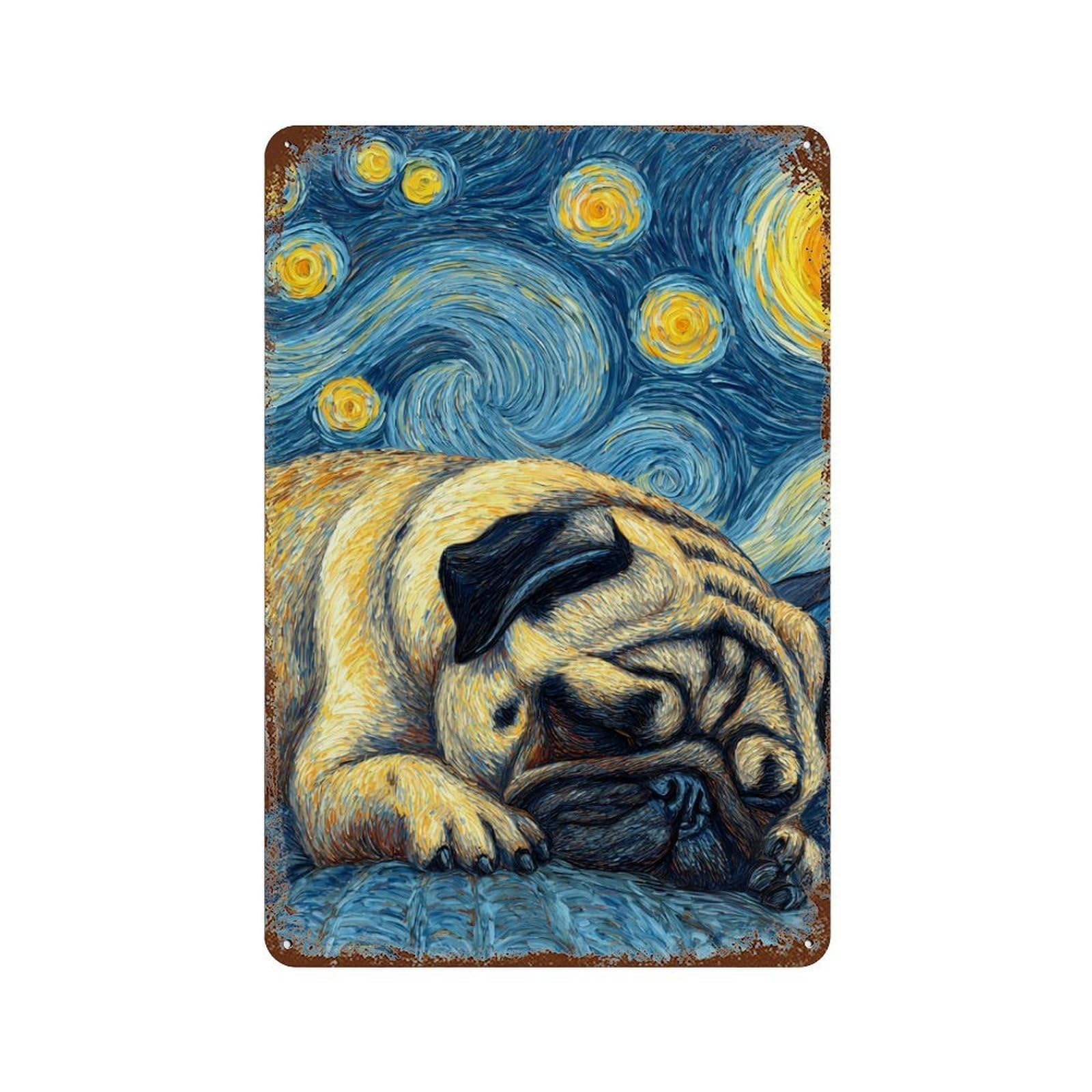 Pug Dog Starry Night Painting Distressed Metal Wall Sign 11.8"x7.9", for Garage, Bar And Workshop Decor, Decorative Metal Wall Art