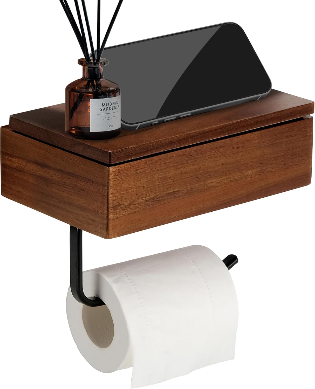 Toilet Paper Holder with Walnut Wood Shelf - Wall Mount & Self-Adhesive Bathroom Tissue Roll Holder, Black Stainless Steel with Storage - Home Apartment Restroom