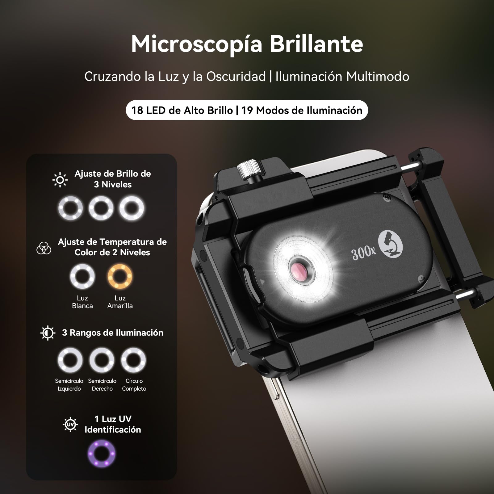 Evil Eye Microscopio 300X para Smartphone, Minimicroscopio Compacto con CPL, 18 Luces LED, 19 Modos de Iluminación & UV Luz, Microscopio Digital con Clip Universal, Ideal para iPhone/Android