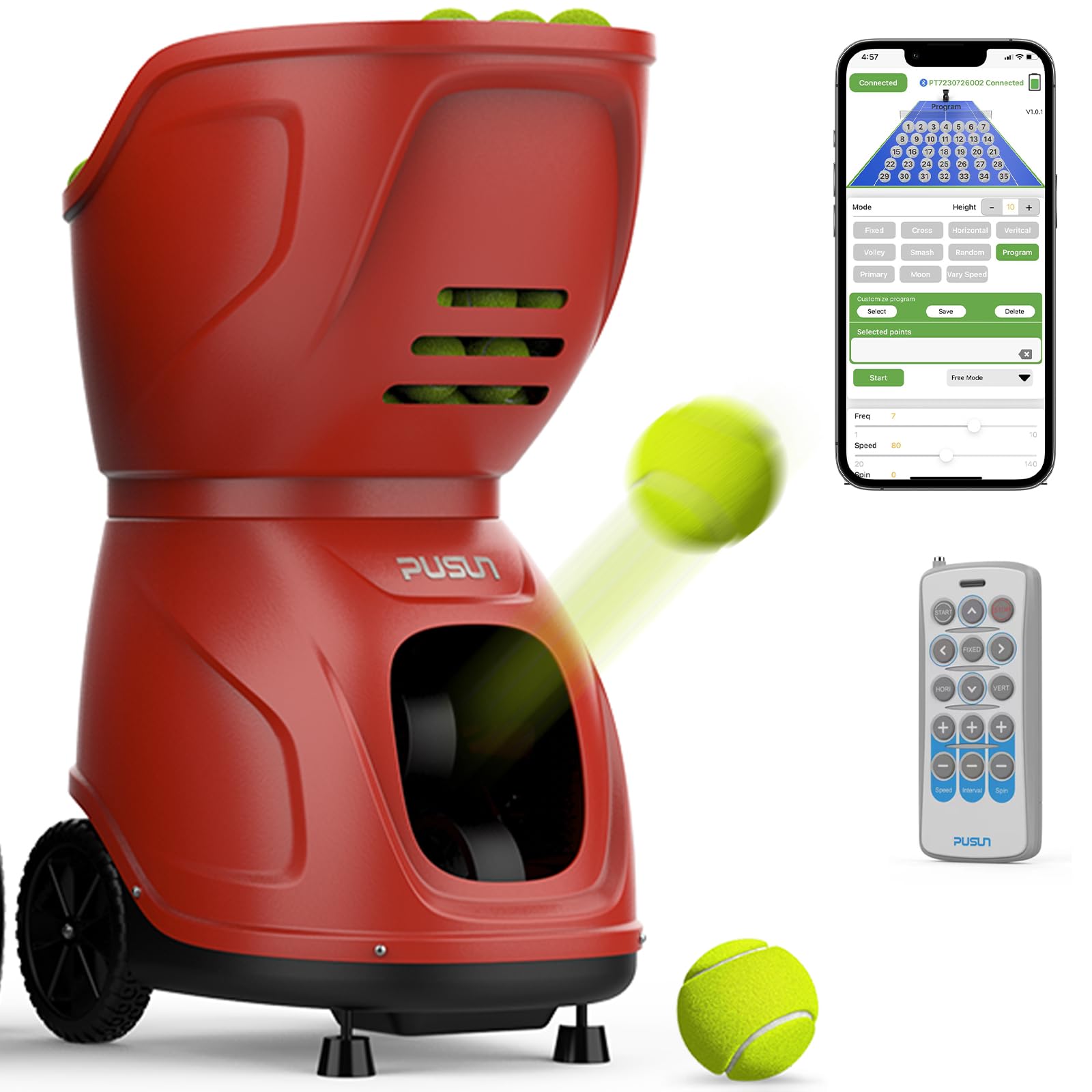 PUSUN PT-9001 PRO Macchina Lanciapalle Tennis con App e Telecomando, 35 Punti di Atterraggio, 12 modalità, 150+ Palline, 20-140 km/h, Batteria 7-10 Ore, per Allenamento e Club