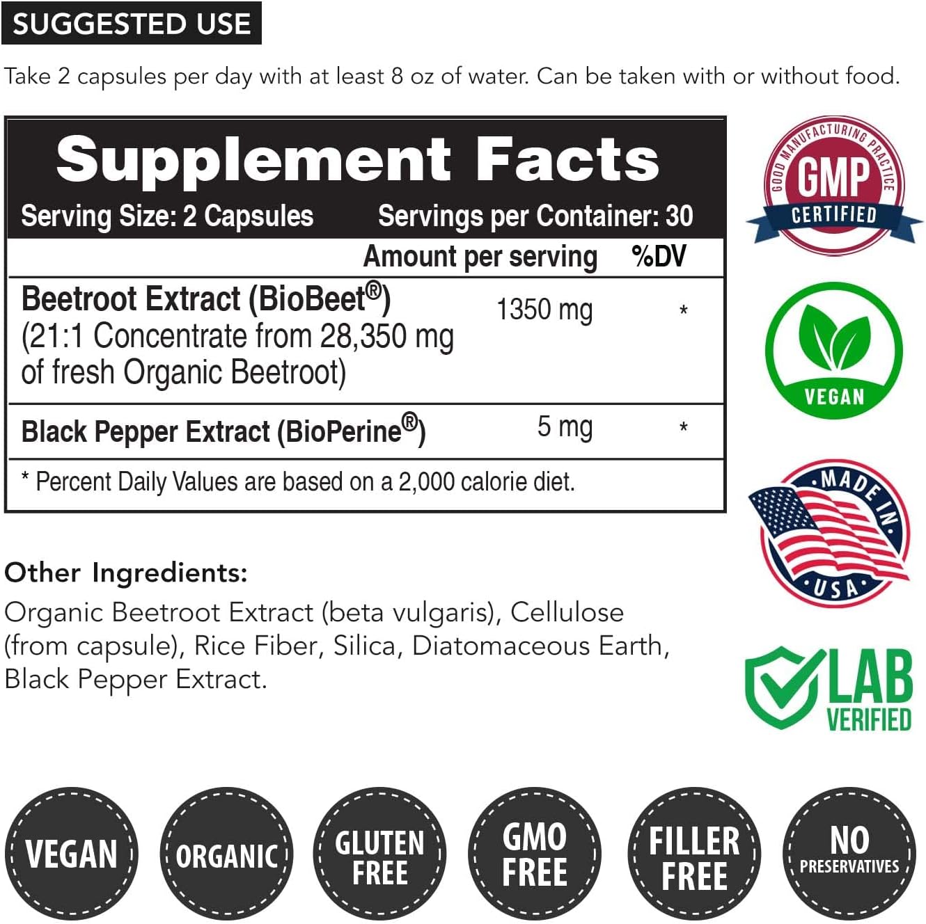 BioBeet® Max Strength Beet Root Capsules - 21:1 Concentrate, Each Serving Derived from 28,350 mg Organic Beetroot - Absorption Enhancement with BioPerine® Black Pepper Extract (60 Capsules) : Health & Household