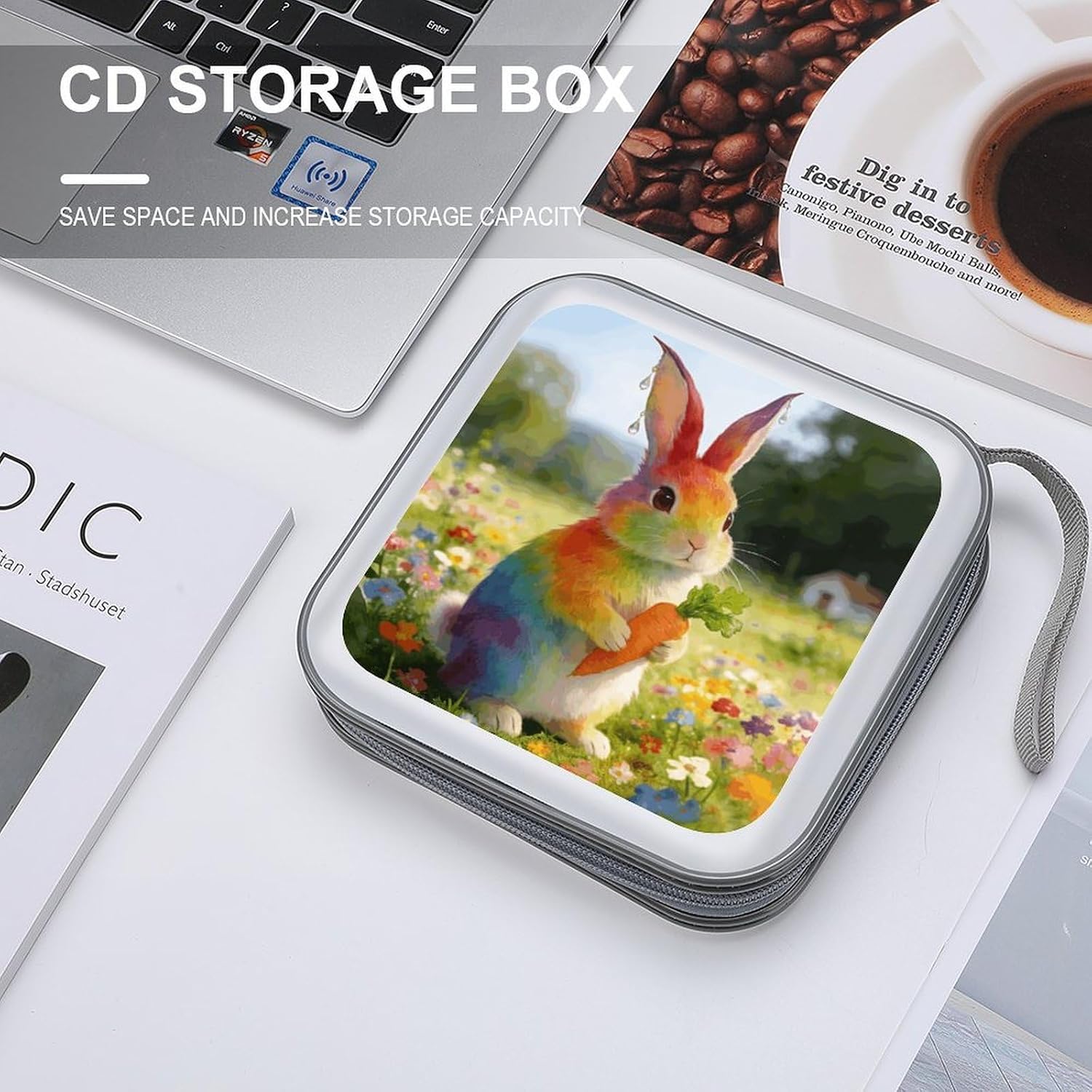 Colorful Bunny Pose CD Case 40 Capacity Hard Plastic DVD Cases Portable Disc Wallet Storage Binder Heavy Duty VCD Storage Box Large Media Binder for Car Home Office Travel image 4