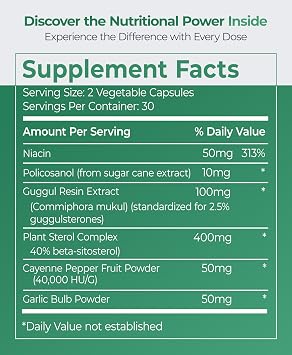 Cholest Essentials - 60 Capsules | Vegan Supplement with Garlic, Niacin, Policosanol, Guggul, Plant Sterol & Cayenne | Daily Wellness Capsules for Men and Women