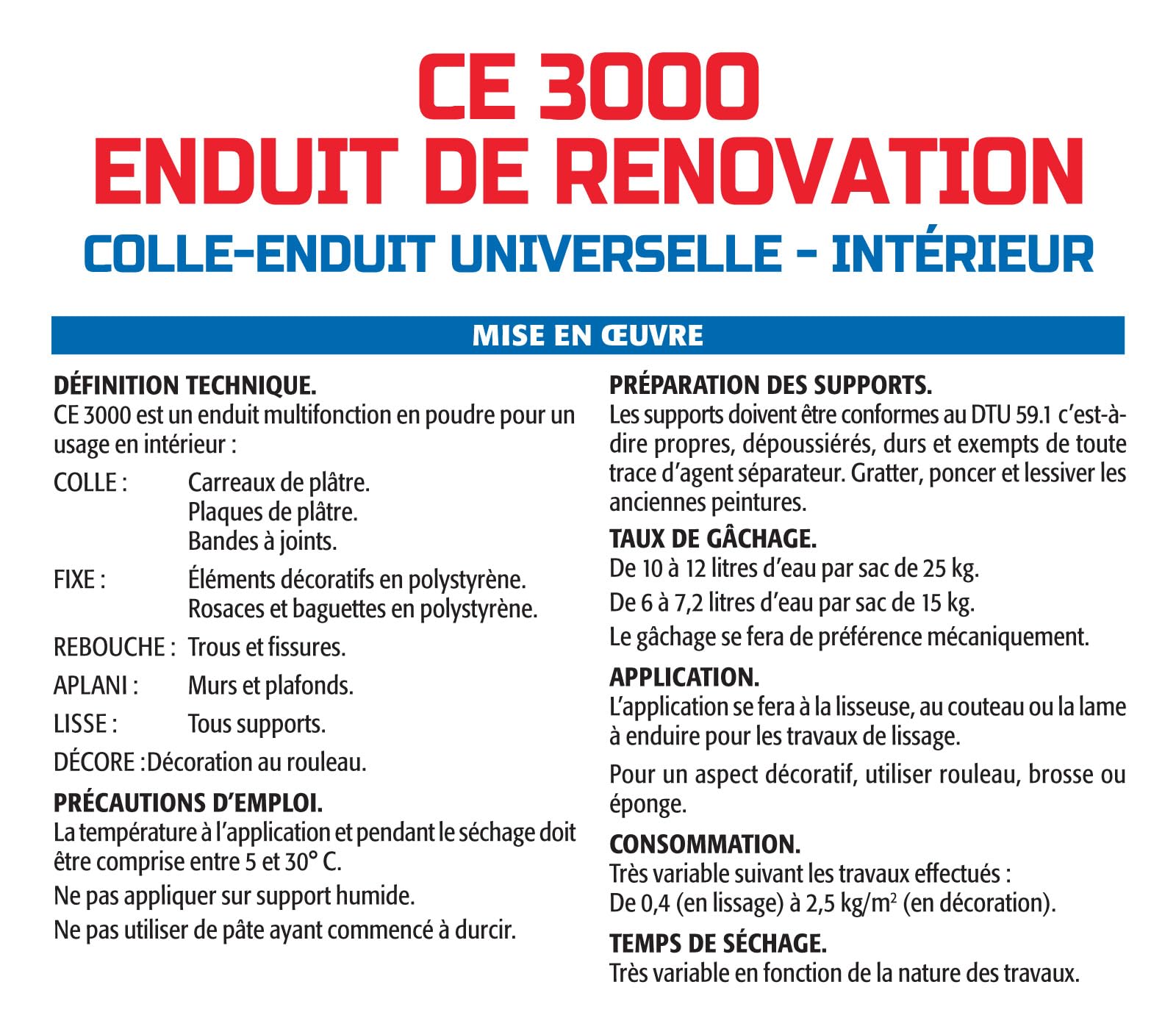 Enduit Multifonctions CE 3000 Semin pour Coller, Fixer, Reboucher, Aplanir, Lisser et Décorer, Intérieur, Sac de 25 kg
