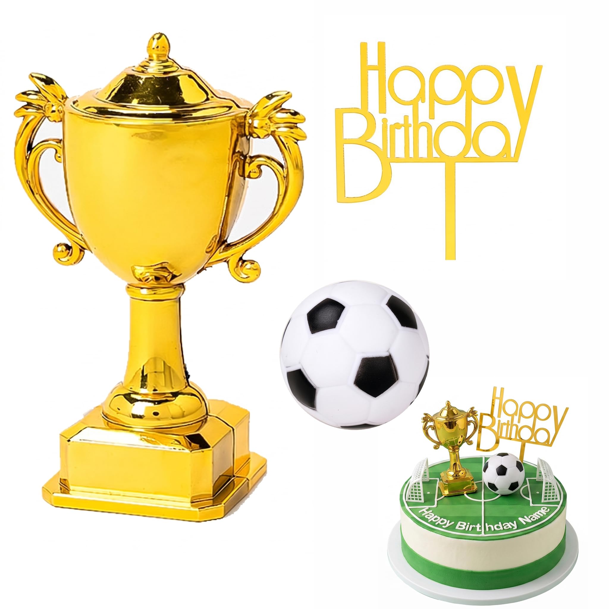3Pcs Football Cake Topper,Football Cake Decorations,Football Cake Toppers Set with Plastic Soccer Ball Gold Trophy and Happy Birthday Cupcake Topper,Cupcake Decoration for Sports Themed Party Supplies