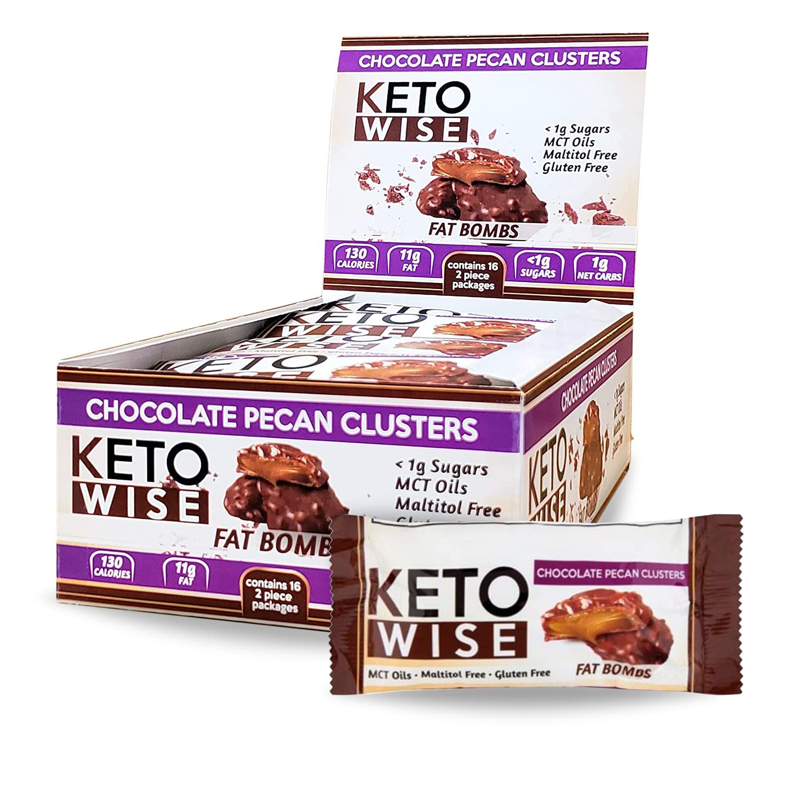 Keto Wise Fat Bombs Pecan Clusters, 16Count Box, 18 Ounce , Chocolate Pecan Clusters, 18 Ounce